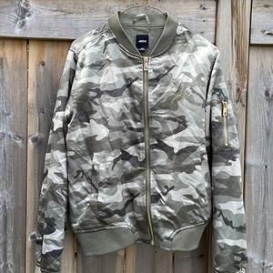 Satin camo bomber jacket with gold hardware